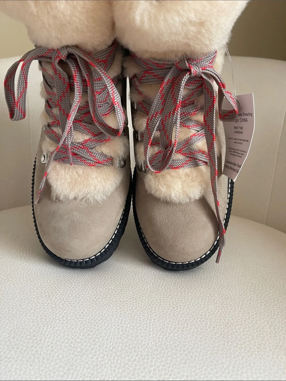 NEW J CREW Nordic Shearling-Lined Taupe Winter Boots with Red Accent Laces